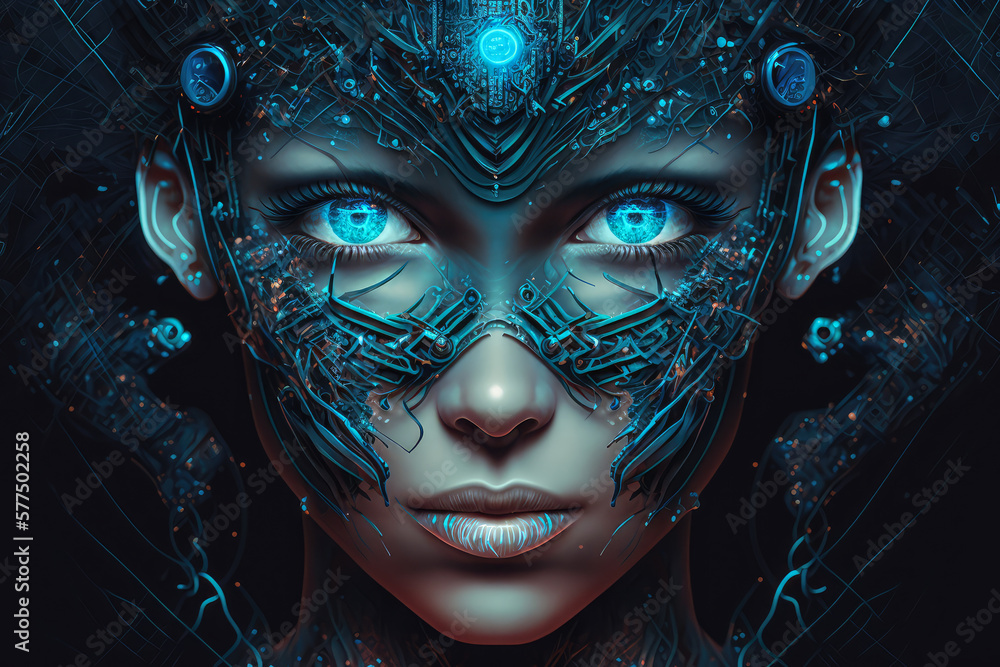 Portrait of a cybernetic organism with a human-like face and glowing blue LED eyes, generative ai