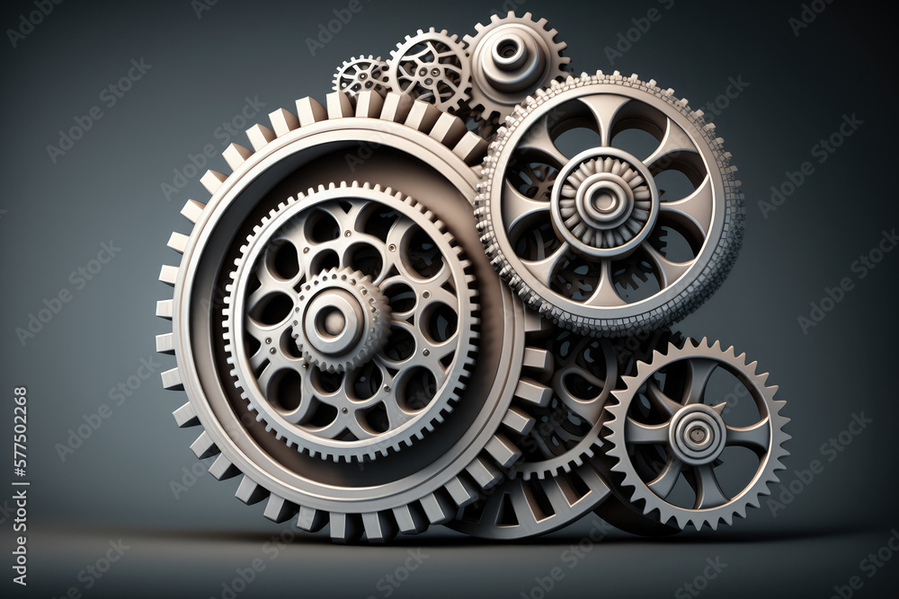 Precision-engineered interlocking gears creating a mechanical masterpiece in silver and gray, generative ai Precision-engineered interlocking gears creating a mechanical masterpiece in silver and gray, generative ai