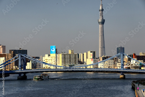 Water tram under Kiyosu bridge, Sumida river, Chūō Ward, in background  Sky Tree TV tower in Sumida Ward, Central Ward , Tokyo, Japan, Asia photo