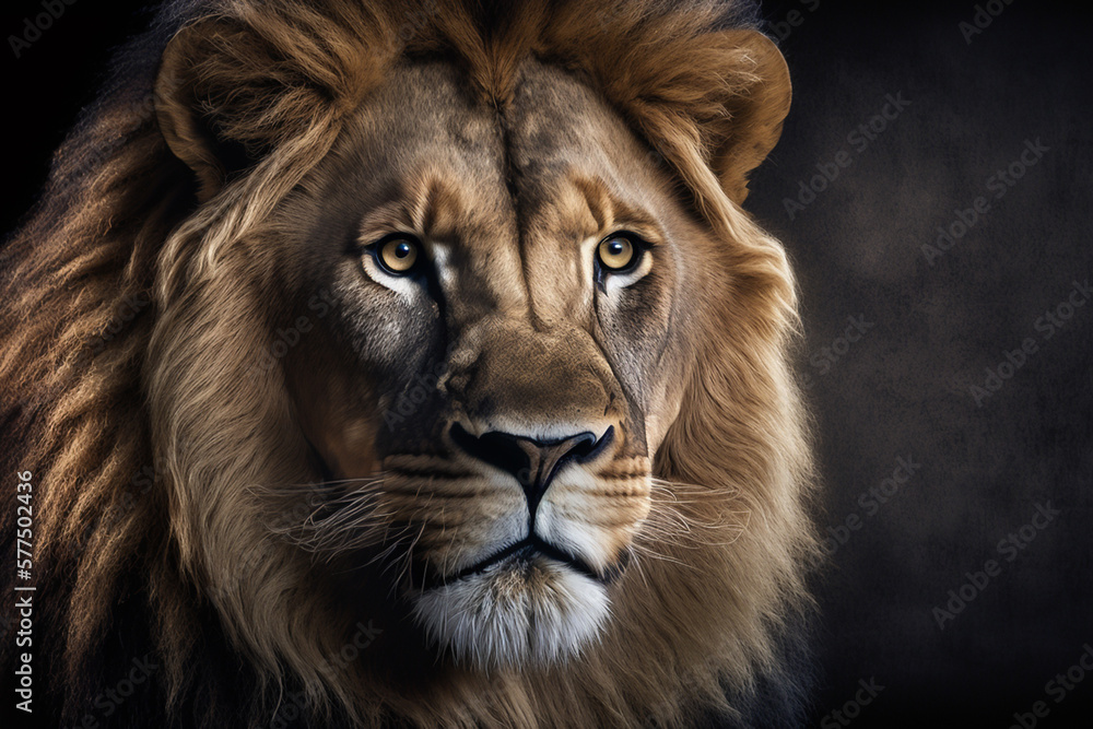 Animal photography lion hasselblad, close up, dark professional background banner or header with cinematic lightning.