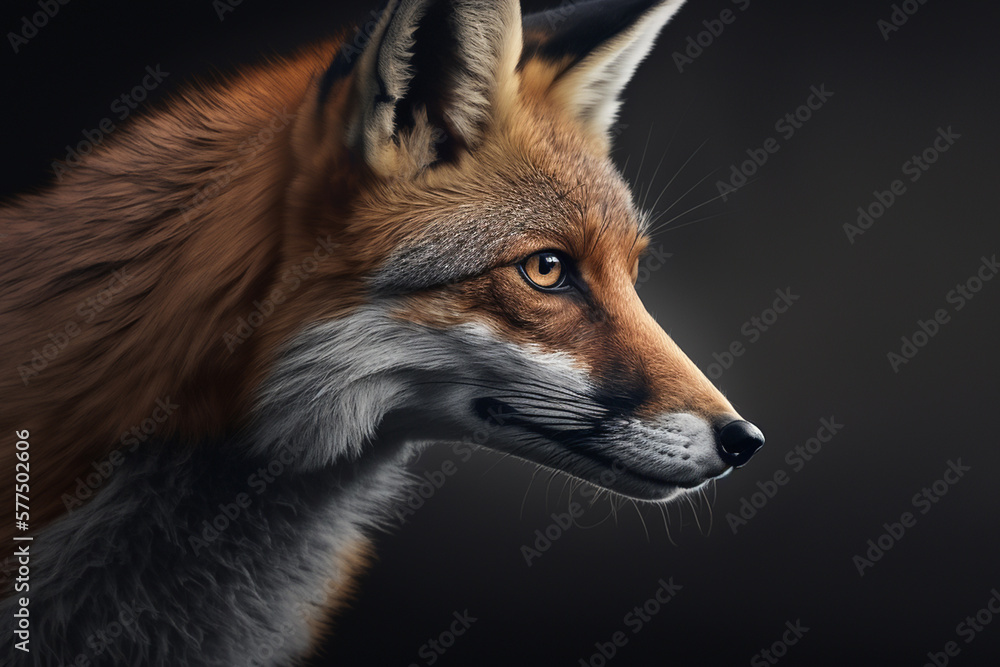 Fototapeta premium Animal photography wolf hasselblad, close up, dark professional background banner or header with cinematic lightning.