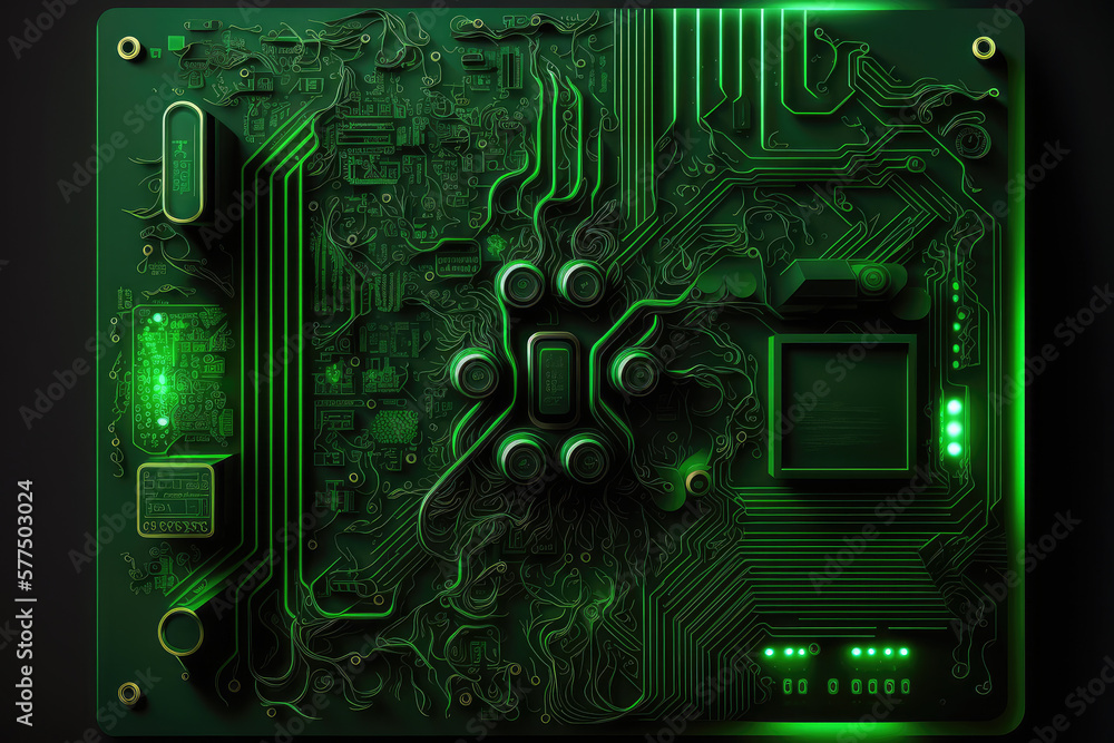 Fototapeta premium Shimmering Neon Green Circuit Board on a Black Background, generative ai