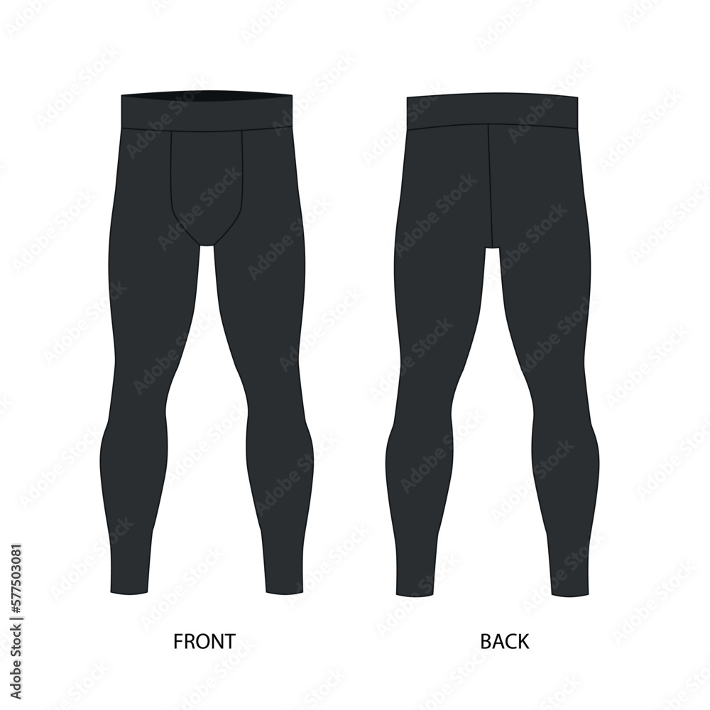Vector drawing of men's leggings front and back view. Vector template of men's sports pants made of stretch fabric. Technical drawing of compression leggings for men. Sketch of men's joggers, vector. Vector drawing of men's leggings front and back view. Vector template of men's sports pants made of stretch fabric. Technical drawing of compression leggings for men. Sketch of men's joggers, vector.
