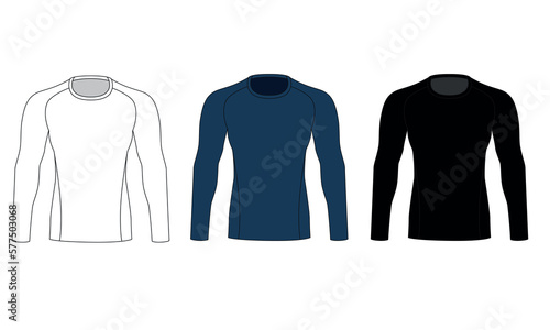 A set of drawings of a men's sports sweatshirt in blue, white, black colors. Vector template of male rash guard. Sketch of a sports sweatshirt with long sleeves made of stretch fabric.