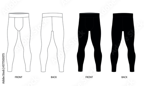 Outline drawing of men's leggings, front and back view. Vector template of men's sports running pants made of stretch fabric. Technical drawing of compression leggings for men. Sketch of men's joggers