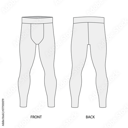 Outline drawing of men's leggings, front and back view. Vector template of men's sports running pants made of stretch fabric. Technical drawing of compression leggings for men.