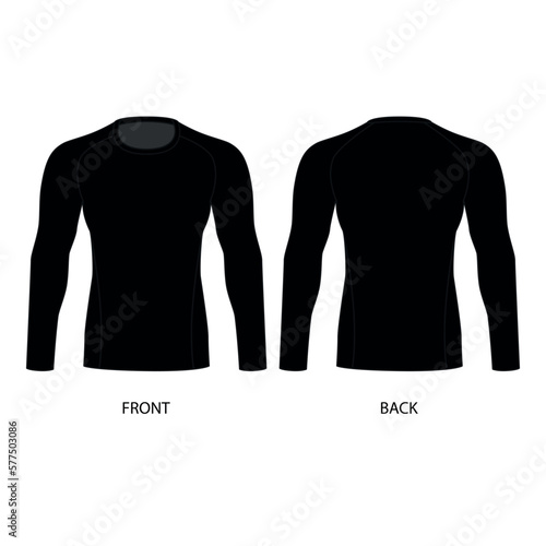 Drawing of a black men's sports jacket. Vector template of male rash guard front and back view. Sketch of a sports sweatshirt with long sleeves made of stretch fabric.