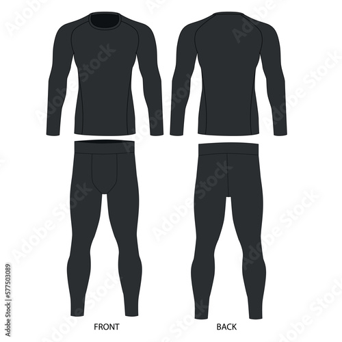 Technical drawing of a men's suit made of gray colored stretch fabric, vector. Superman costume, vector drawing. Long sleeve and leggings sketch for men, front and back view.