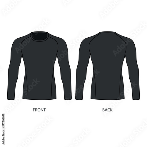 Technical drawing of a men's sweatshirt with a round neck. Vector template of male rash guard front and back view. Long-sleeved sports jersey sketch in stretch fabric.