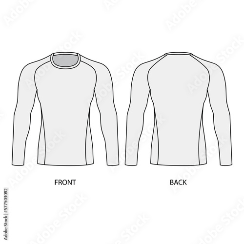 Outline drawing of a men's sports jacket, front and back view. Vector template of male rash guard. Sketch of a sports sweatshirt with long sleeves made of stretch fabric.