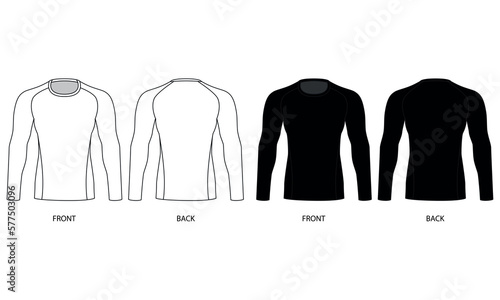 A set of drawings of a men's sports sweatshirt in white and black. Vector template of male rash guard front and back view. Sketch of a sports sweatshirt with long sleeves made of stretch fabric. photo