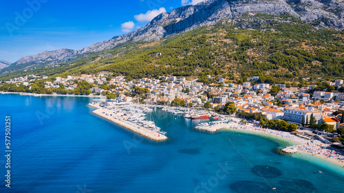 Fototapeta Naklejka Na Ścianę i Meble -  Take in the breathtaking view of Croatia's ports and marinas from above, showcasing luxurious yachts in a stunning drone photo.
