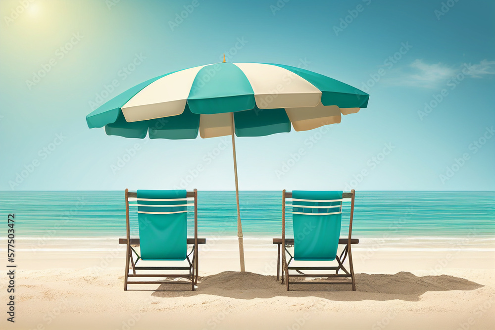 Tropical beach with ocean background banner, parasol and lounge chairs, minimal with copy space for text, for travel and tourism advertisement purposes.