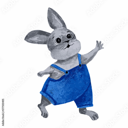 watercolor hand drawn a gray hare, a rabbit in blue overalls
