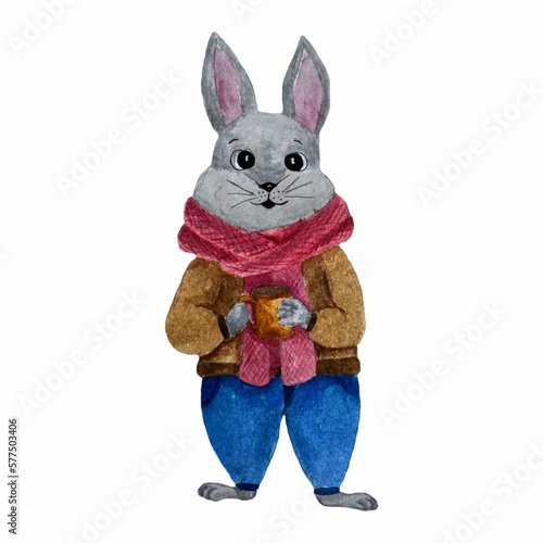 watercolor hand drawn a gray hare, a rabbit in blue pants, a brown sweater, a red scarf with a cup in his hands	
