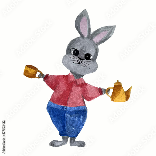 watercolor hand drawn gray hare, a rabbit in blue pants, a red sweater, with a teapot and a cup	
