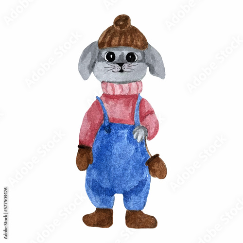 watercolor hand drawn rabbit gray in blue pants, red sweater, brown hat and gloves	
