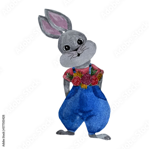 watercolor hand drawn a gray hare, a rabbit in blue overalls, a red T-shirt, with flowers	
