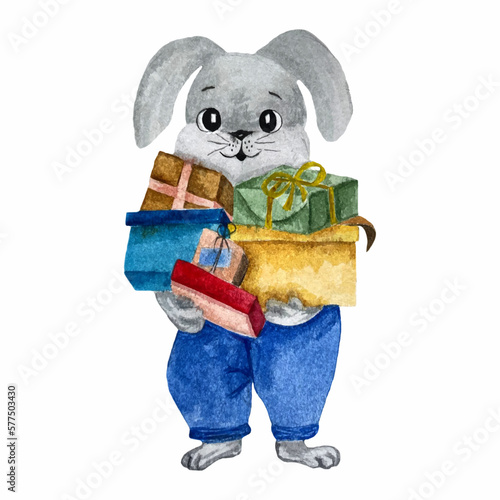 watercolor hand drawn gray hare, rabbit in blue overalls with gift boxes in hands