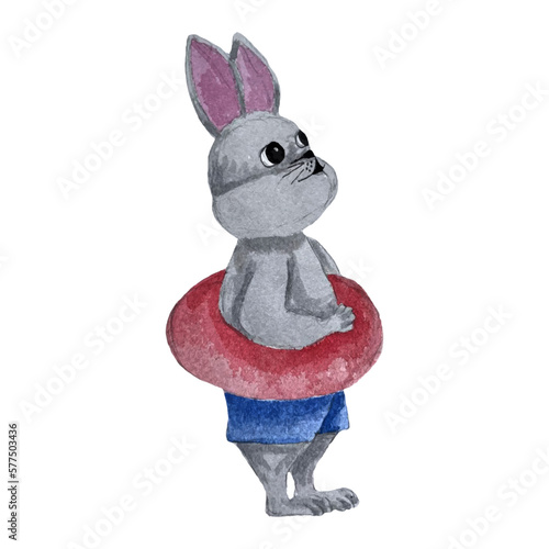 watercolor hand drawn a gray hare, a rabbit in blue shorts with an inflatable red circle	
