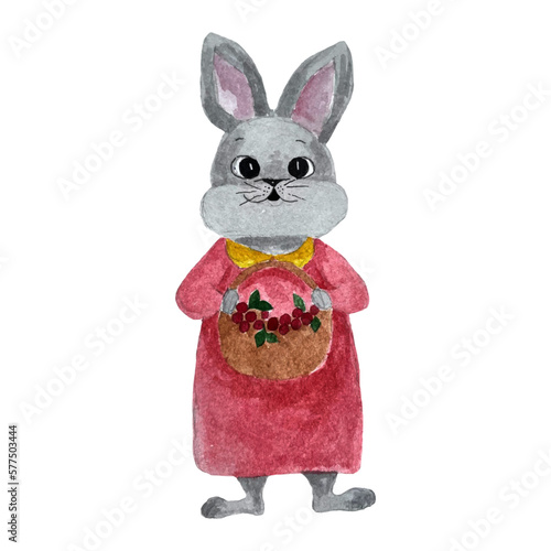 watercolor hand drawn a gray hare, a rabbit in a red dress with a basket of berries	
