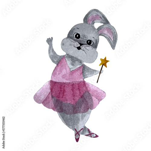 watercolor hand drawn gray hare, rabbit in a pink ballet outfit, pointe shoes, with a yellow magic wand with a star	
