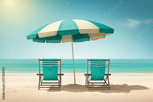 Tropical beach with ocean background banner  parasol and lounge chairs  minimal with copy space for text  for travel and tourism advertisement purposes.