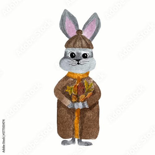 watercolor hand drawn gray hare, rabbit in a brown coat and hat and autumn leaves	
