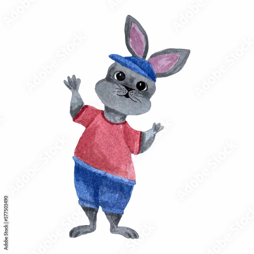watercolor hand drawn a gray hare, a rabbit in blue shorts and a red T-shirt	
