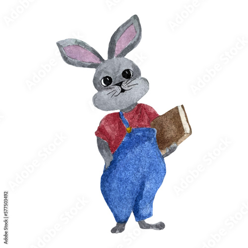 watercolor hand drawn a gray hare, a rabbit in blue overalls, a red T-shirt with a book in his hand	
