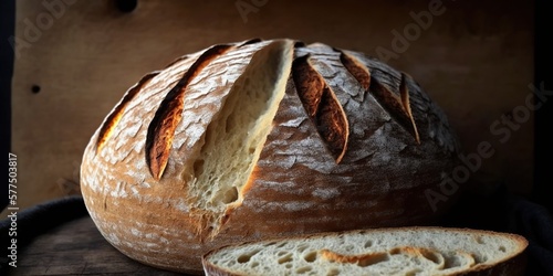 Homemade sourdough bread baked to perfection with crispy crust, concept of Fluffy Crumb and Artisanal Aroma, created with Generative AI technology