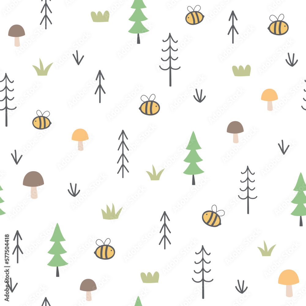 Cute seamless pattern with trees, bees, mushrooms and plants. Forest background. Vector illustration. Cute seamless pattern with trees, bees, mushrooms and plants. Forest background. Vector illustration.