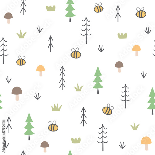 Cute seamless pattern with trees, bees, mushrooms and plants. Forest background. Vector illustration.