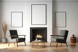 Interior of a living room with a fireplace, two armchairs, a coffee table, and an oak wooden parquet floor. minimalist design principle. a relaxed setting for meetings. a mockup. Generative AI