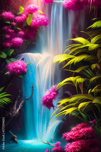 A Gorgeous Waterfall Surrounded by Lush Exotic Plants