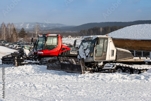 Several snowcats at ski resort in winter