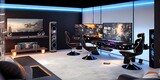 Gaming den - interior esports den with RGB colors for a bright and cutting edge set  for gamers. generative AI