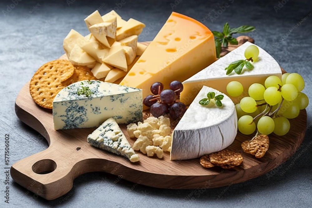 Variety of cheeses and accompaniments on a cheese plate board