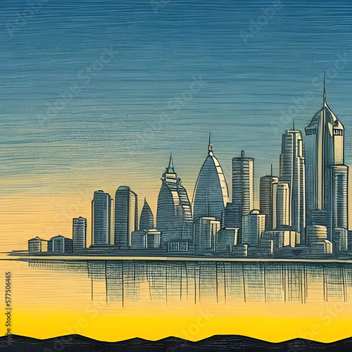 City skyline buildings with sunset in the background. Color crayons sketch. AI generated illustration