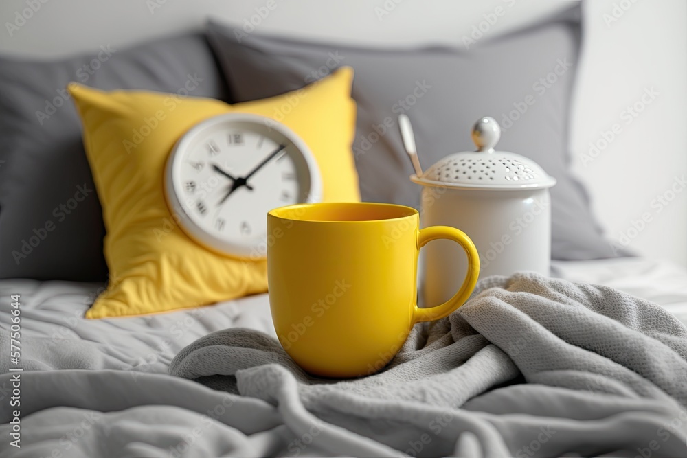 Illuminating Yellow Cup or mug with tea or coffee, Ultimate Gray alarm clock and pillows with colors of the year 2021 on white bed in bedroom. Trendy good morning and home decor. Space for text