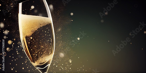 a glass of champagne with gold background of a blurry image of lights and bokeh. Generative AI