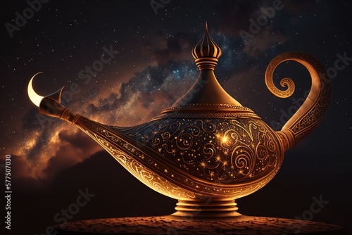 Lamp of wishes on gold sand in desert background, genie coming out of the bottle. Generative AI. 