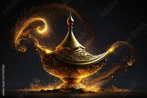 Lamp of wishes on gold sand in desert background, genie coming out of the bottle. Generative AI. 