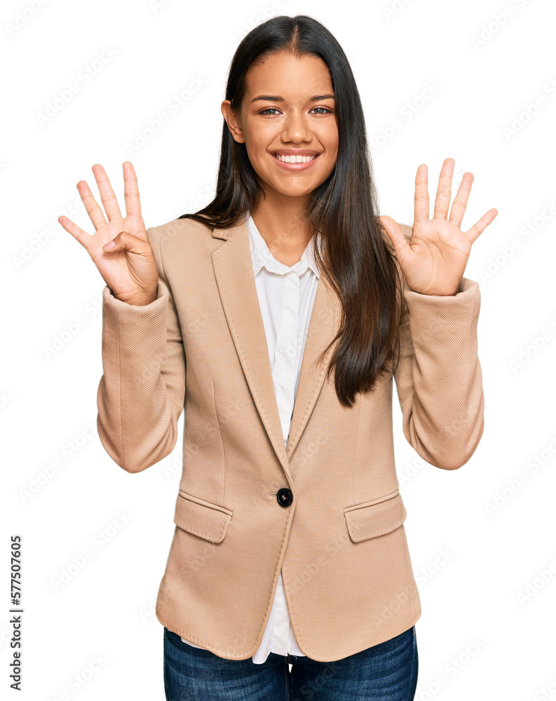 Beautiful hispanic woman wearing business jacket showing and pointing up with fingers number nine while smiling confident and happy. Beautiful hispanic woman wearing business jacket showing and pointing up with fingers number nine while smiling confident and happy.