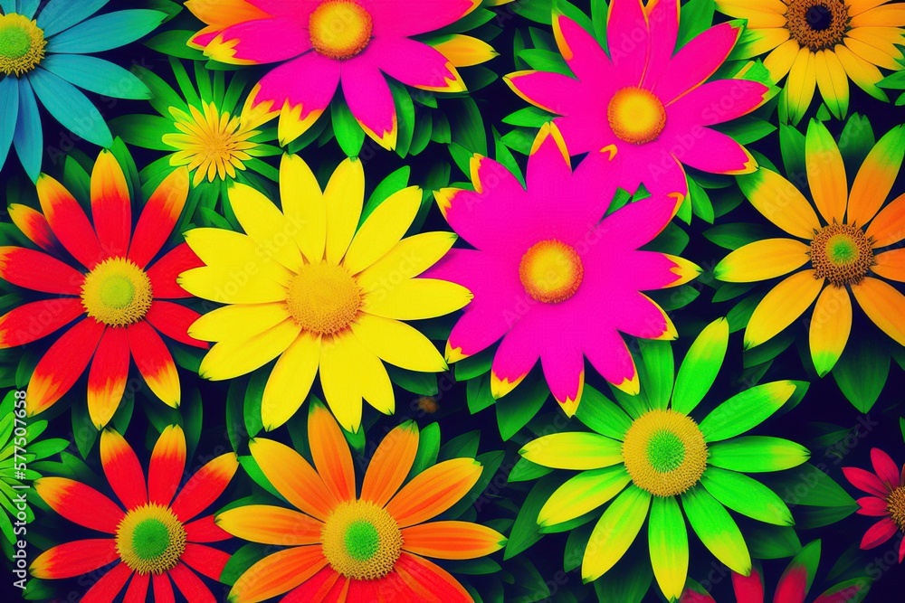 Psychedelic pattern of colorful acid flowers in the style of the 70s. Generative AI. Psychedelic pattern of colorful acid flowers in the style of the 70s. Generative AI.
