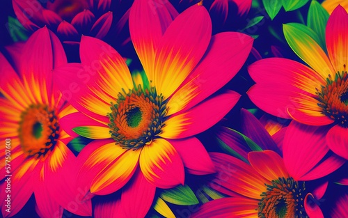 Psychedelic pattern of colorful acid flowers in the style of the 70s. Generative AI.