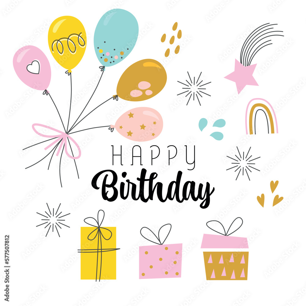 Birthday party background. Birthday party. Party balloons decoration of different colors, gift boxes, stars Birthday party background. Birthday party. Party balloons decoration of different colors, gift boxes, stars