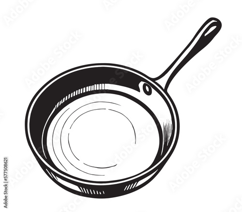 Sketch frying pan hand drawn in doodle style illustration