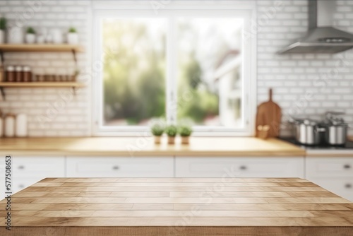 Empty wooden table and blurred kitchen background  can be used for display or montage your products. Generative AI