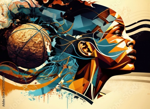 Dreamy poster illustration of black female basketball player with the ball. Generative AI. photo